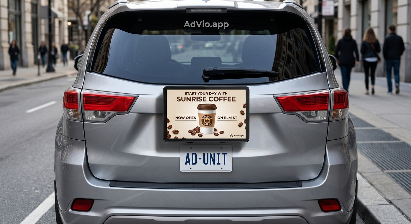 AI-generated concept of a car-mounted screen showing a coffee-shop ad on a city street.